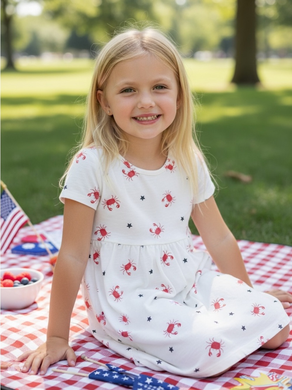 Sammy + Nat White Dress with Red Crab and Navy Star Print 4th of July Sz 6